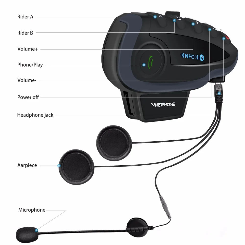 Vnetphone V8 1200M Bluetooth Motorcycle Helmet Intercom for 5 Riders Interphone Headset NFC/Telecontrol Remote Control FM Radio |
