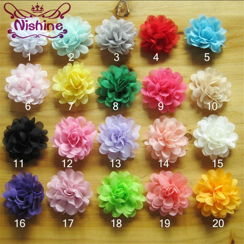 Nishine, 10 шт./лот, 20 цветов, 2,8 дюймов, сатиновый шифон, цветы для маленьких девочек, повязка на голову, украшение для волос, Детские аксессуары для волос
