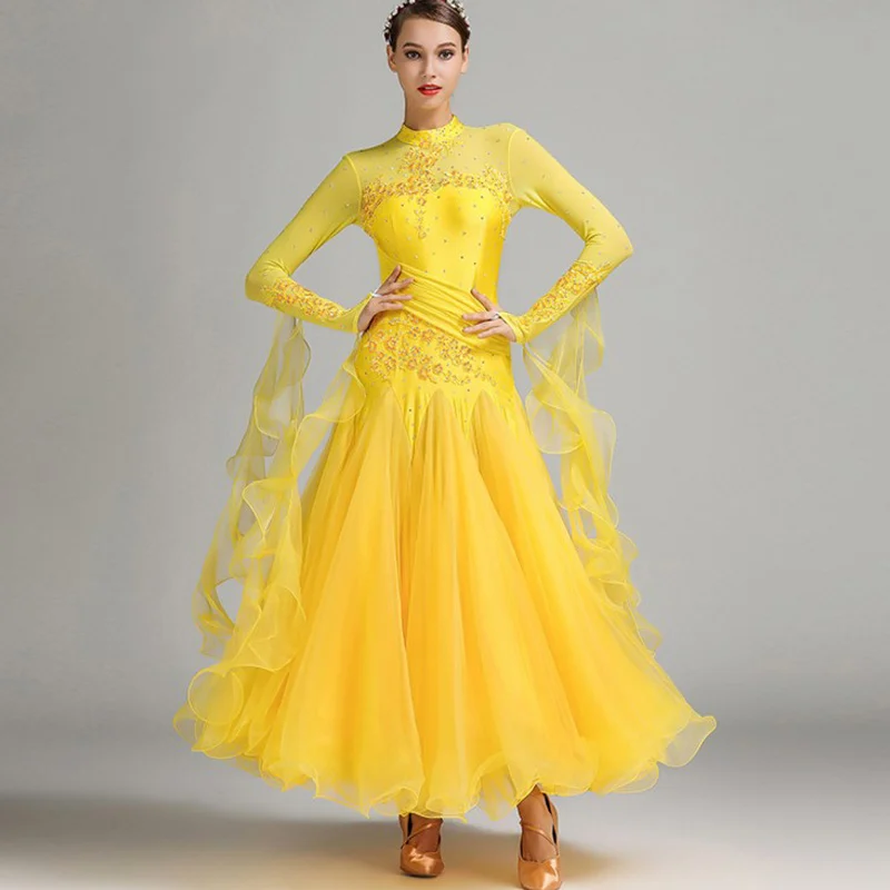 Yellow Красные, синие платья для конкурса бальных танцев, вальс, танцевальное платье, стандартные костюмы, бальное платье - Цвет: Yellow