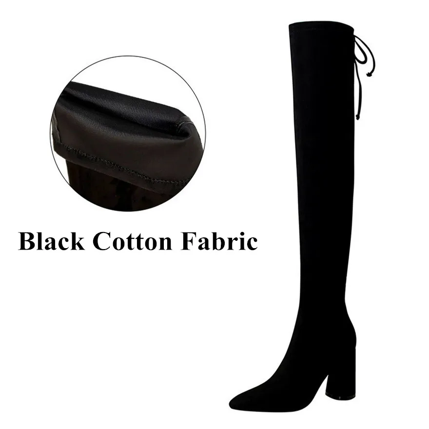Black Cotton Fabric Г. Новые Теплые женские сапоги выше колена однотонные черные длинные сапоги из шерсти с острым носком повседневная женская обувь на высоком каблуке со шнуровкой - Цвет: Black Cotton Fabric