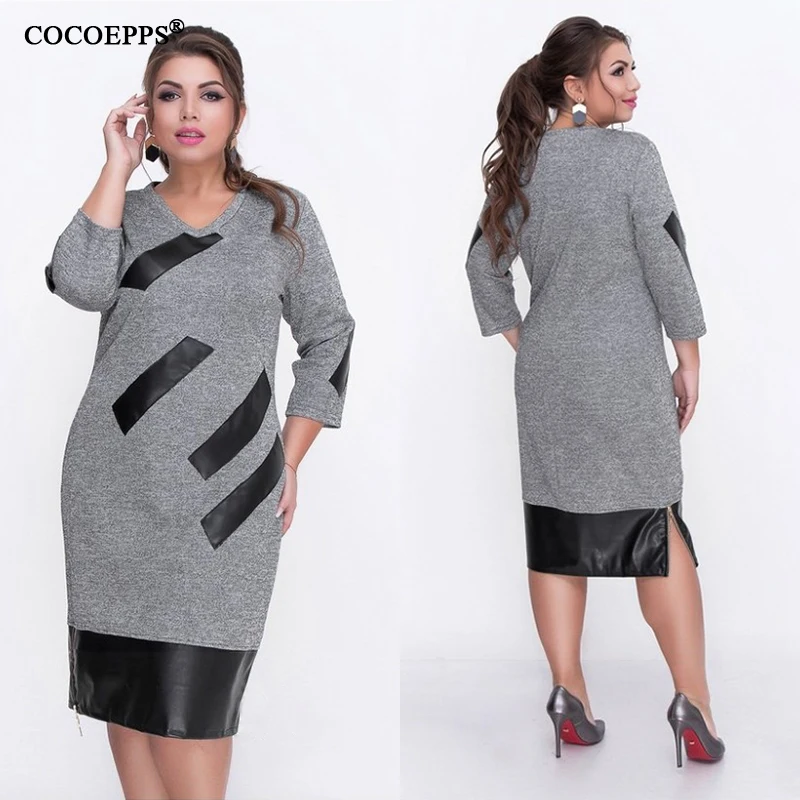5XL 6XL женское платье большого размера, весеннее Повседневное платье размера плюс с v-образным вырезом, офисное платье для девушек, большие размеры, кожаные Лоскутные вечерние платья