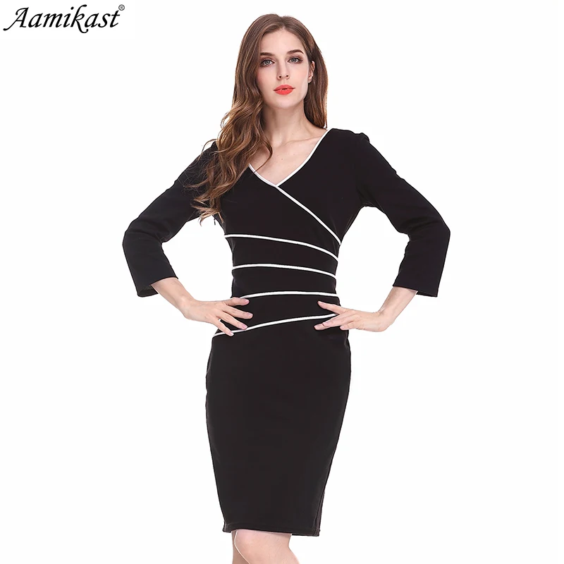 

Amikast Womens Autumn Winter Elegant Patchwork Slim Casual Work Business Office Party Fitted Bodycon Pencil Sheath Dress