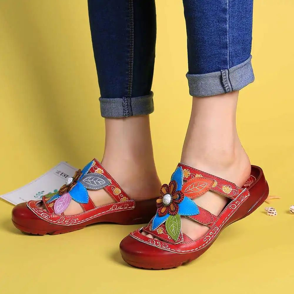 Женские сандалии в стиле ретро SOCOFY босоножки из натуральной кожи с цветочным