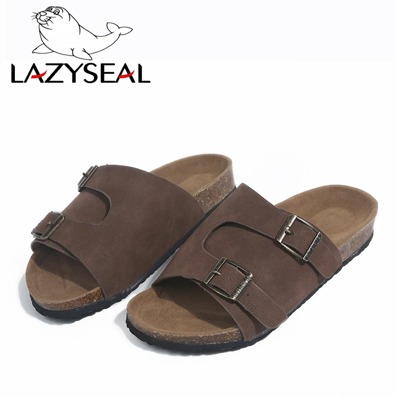 LazySeal/летние пробковые тапочки, женская обувь с пряжкой, шлепанцы, женская обувь, сандалии, вьетнамки, пляжные сандалии на плоской подошве на каблуке, большой размер 44 - Цвет: Brown