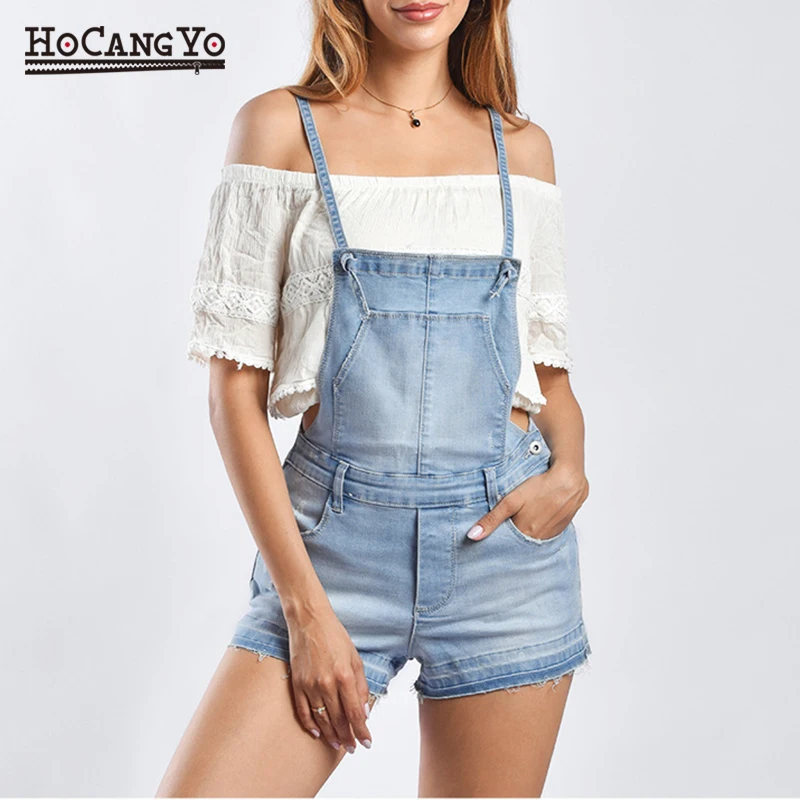 

Fashion Rompers Womens Jumpsuit Light Blue Bleached Overalls for Women Denim Short Playsuits salopette femme en jean monos mujer
