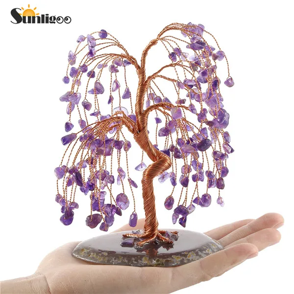 1pc Amethyst Sunligoo розовый кварц целебные Хрустальные Фигурки дерева драгоценный камень с натуральным агатом основа денежное дерево фэн-шуй украшения 5,12-6,29" - Цвет: 1pc Amethyst