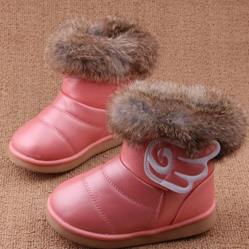 wing and pink Толстая зимняя детская обувь для девочек на плоской подошве из искусственной кожи; Высокие Детские кроссовки; обувь для маленьких девочек; ботинки с искусственным мехом; спортивная детская обувь - Цвет: wing and pink