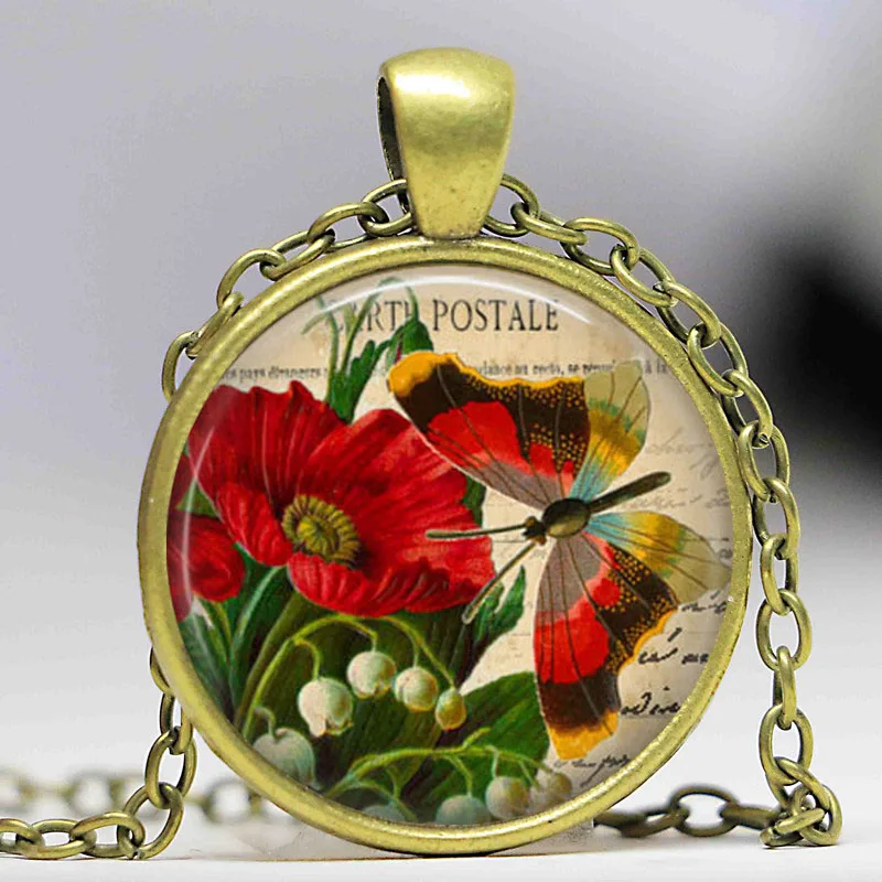 Винтажный кулон бабочка ожерелье с красным цветком ювелирные изделия весенне
