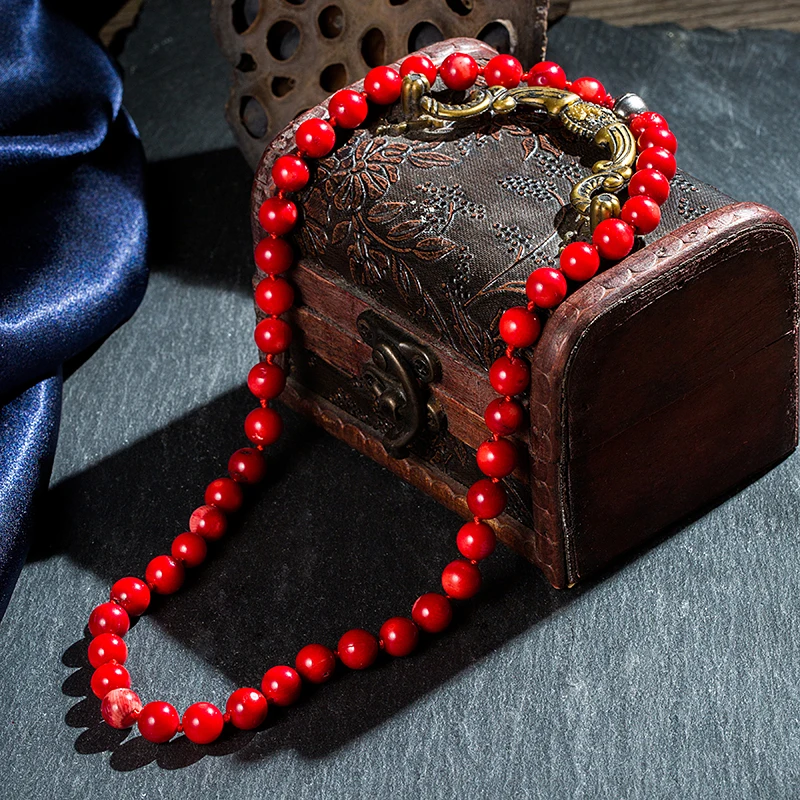 10mm natural coral red stone beads knotted necklace for women fashion statement chain choker clavicle Jewelry mother's gift | Украшения