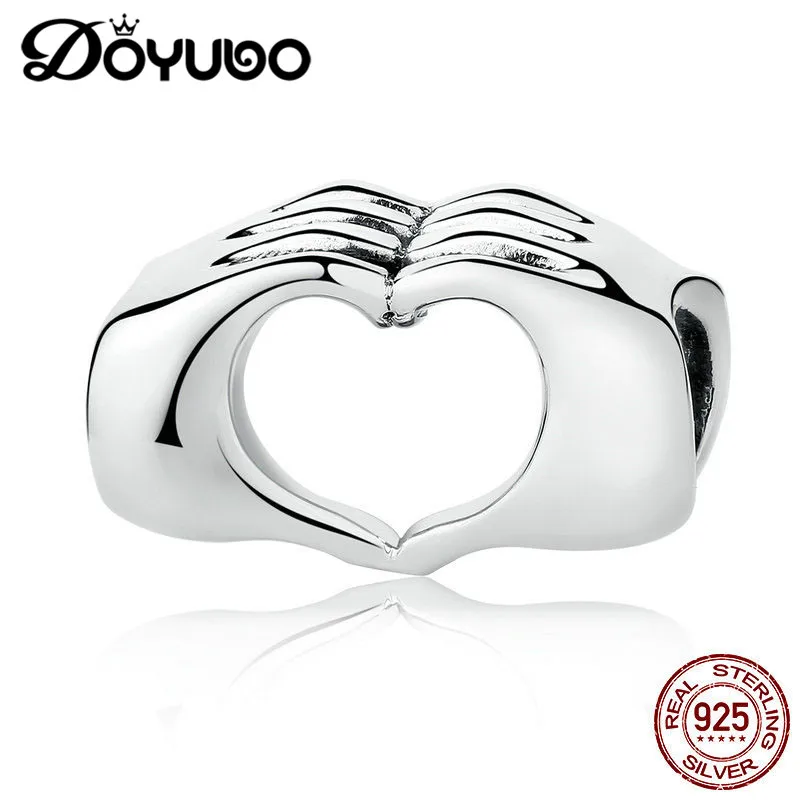 

DOYUBO Ladies 925 Sterling Double Hands Heart Charms To Match Silver Bracelets Love Design Silver DIY Beads Fine Jewelry ADD009