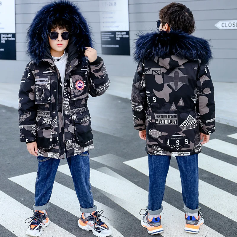 Зимние Утепленные пуховики для мальчиков на утином пуху русской зимы Верхняя