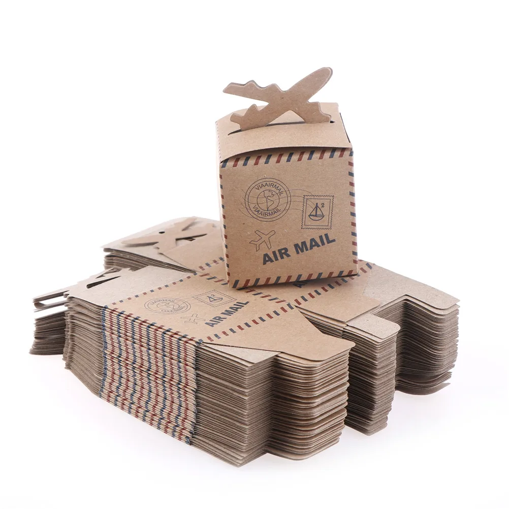 

50PCS/set Candy Box Party Favors Airplane Gift Box Kraft Paper Wedding Travel Theme Decoration 6.3*6.3*6.3cm