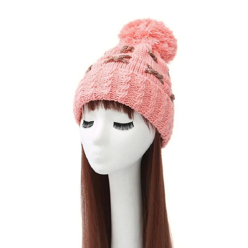 Женская зимняя вязаная шапка с меховым помпоном красная розовая
