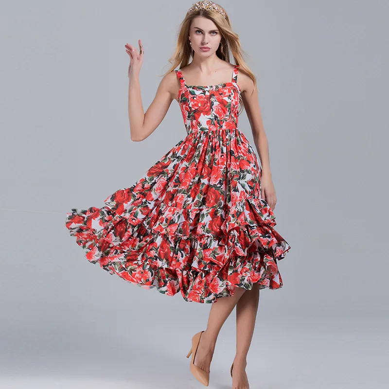 2017 весна лето женская с принтом розы в виде листка лотоса Нарядное платье без
