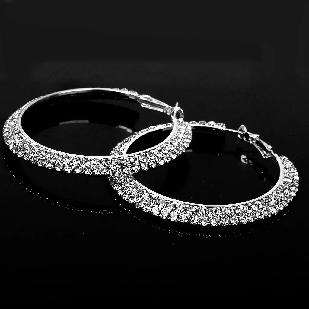 1 pair Earrings Alloy Creoles Decorated 2-Row Rhinestone Diameter 60mm - Silver-Color |