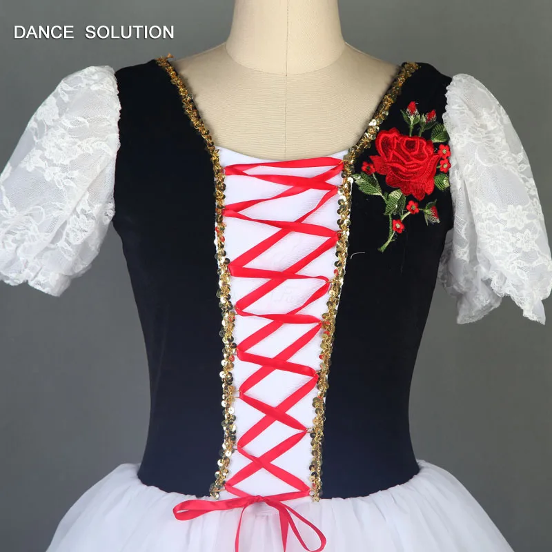 Балетные костюмы с черным бархатным лифом кружевным рукавом и белой тюлевой