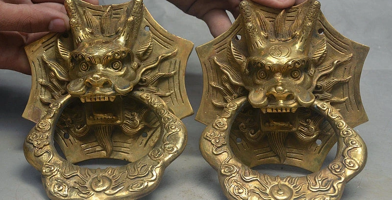 

6" China FengShui Brass Guard Beast Dragon Kylin Head Statue Door Knocker Pair 15cm