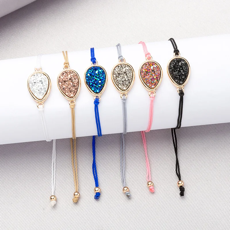 

ZWPON 2019 Fashion Blue Teardrop Square Druzy Charm Bracelets Bangles Gold Slider Stopper Rose Chain Bracelets Jewelry Wholesale