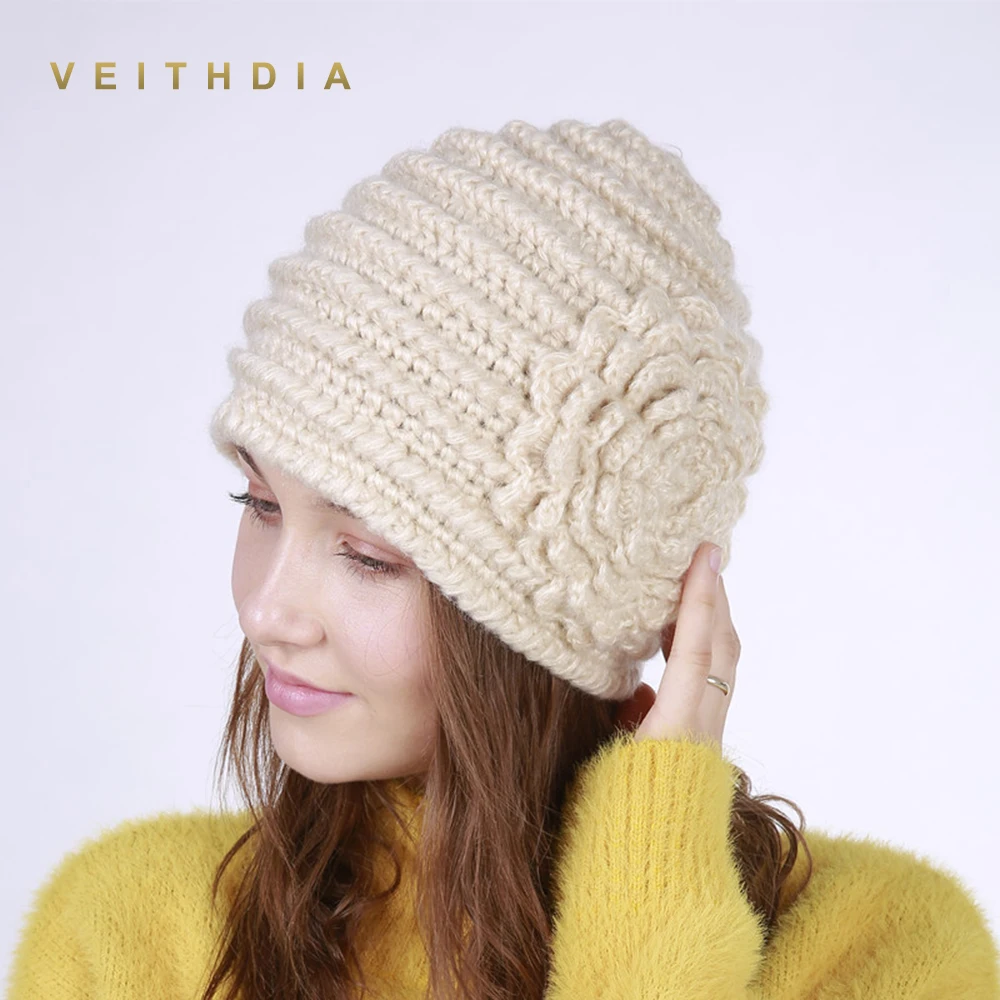 VEITHDIA 2019 ручная работа Осень зима вязаная шапка с цветком женские шапки Теплые