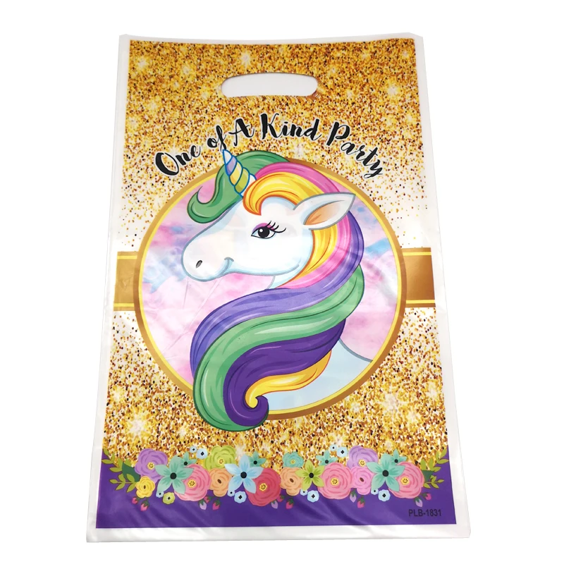 

10PCS Decorate Unicorn Flower Theme Events Party Plastic Gifts Bags Baby Shower Happy Birthday Girls Favors Loot Bags 17*25 CM