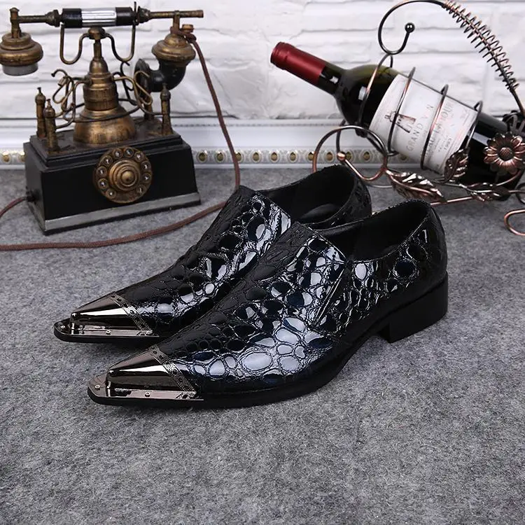 Western Style Pointed Metal Toe Men Dress Shoes Slip On Oxford For Snakeskin Pattern Zapatos Hombre Flat Chaussures | Обувь