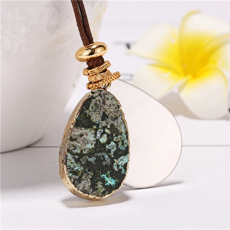 Natural Gem Stone Long Leather Rope Chain Necklace Unique Pattern Pendant Handmade Design For Women Men Charm Jewelry Statement | Украшения