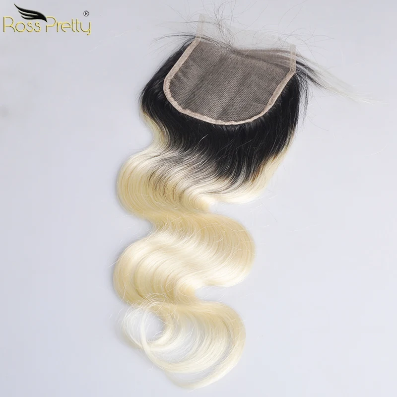 Ross Pretty Ombre 1b 613 Remy человеческие волосы пучки с закрытием Бразильская волна тела с кружевом цвет блонд