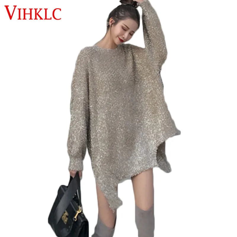 women Sweater 2019 autumn winter new Fahsion irregular Sparkling loose long-sleeved Pullover Knit Tops Femme Q336 | Женская одежда
