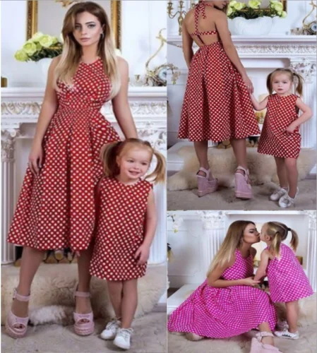 2019 Summer Womens Girl Kids Family Matching Dress Mom Daughter Wave Point Fashion Sleeveless Clothes Dresses | Мать и ребенок