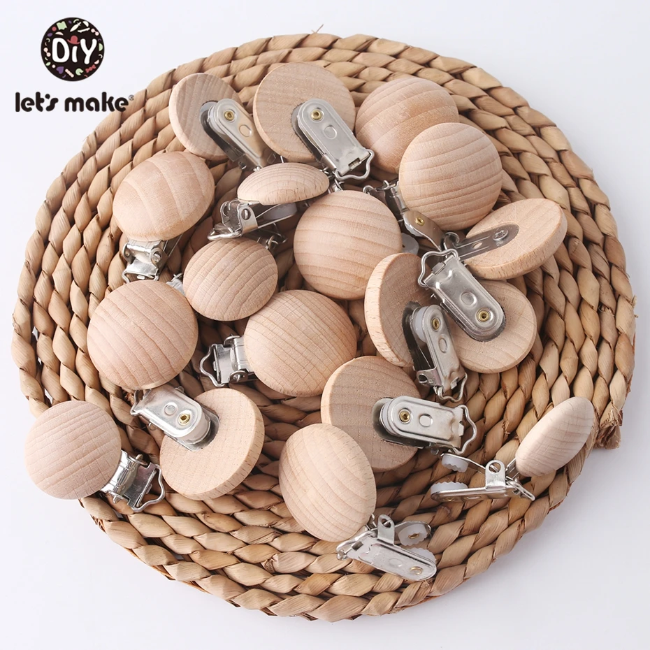 Let's Make 30pcs Natural Wooden Beech Pacifier Metal Clips Holder Round Teether Pacifier Wooden Teething Beads DIY Pacfier Chain