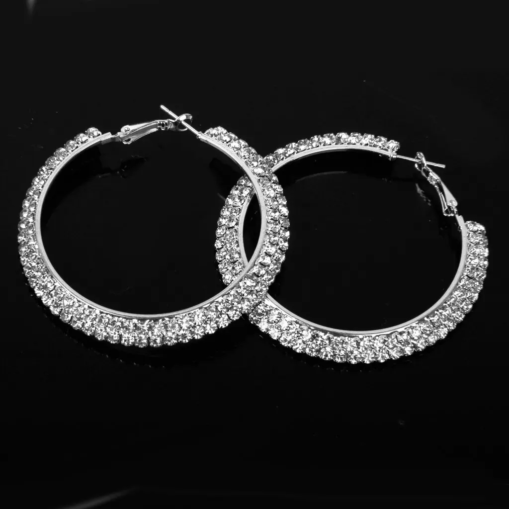 1 pair Earrings Alloy Creoles Decorated 2-Row Rhinestone Diameter 60mm - Silver-Color |