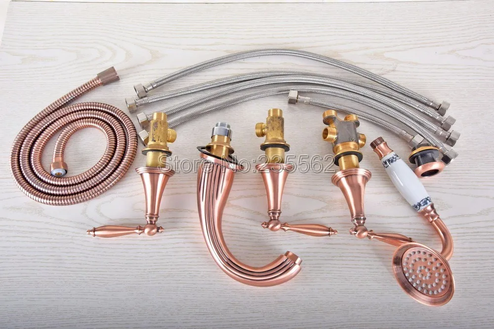 Античная красная медная Ванная раковина кран с ручной душевой бортикой 5