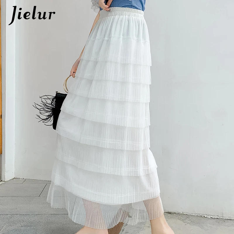Jielur Mesh Pleated Skirt Women Summer High Waist A-line Solid Color Sexy Long Black Pink Casual Faldas Mujer Moda 2021 | Женская одежда