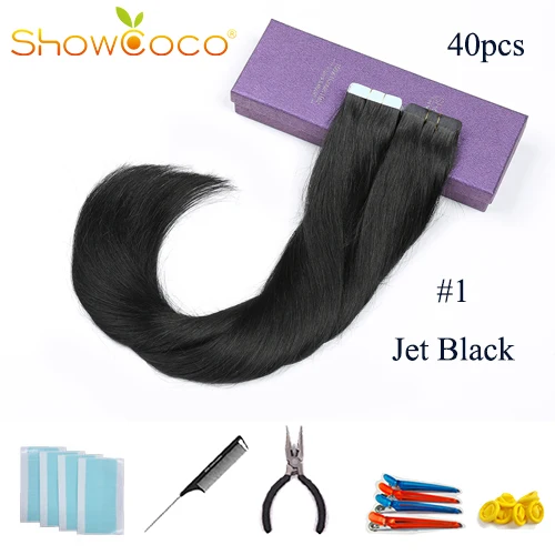 #1 Showcoco Черная пятница, уток, человеческие волосы на ленте, 40 шт, аденсивные Реми прямые волосы 16-24 дюйма - Цвет: #1