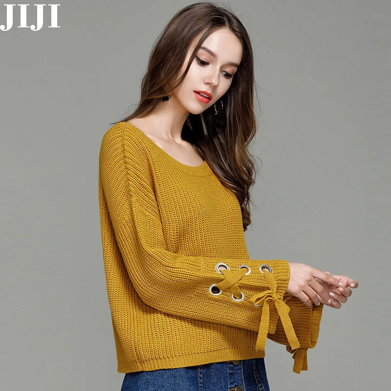 JIJI 2017Spring&ampWinter Womens Pullover Loose Lace Up Long Sleeve O-neck Sweater | Женская одежда