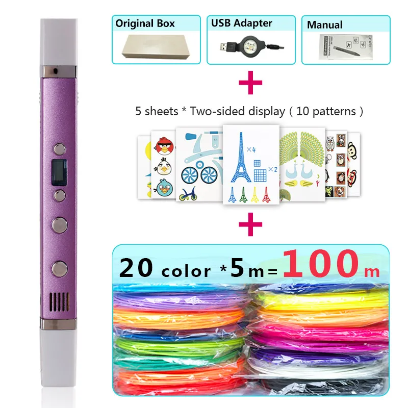 Purple pen Package 3 Myriwell 3d Ручка 3d ручки, светодиодный дисплей, ABS/PLA нити, 3 d Ручка 3d модель Creative3d ручка doodlerChildren gifts3d рисунок pen-3d - Цвет: Purple pen Package 3