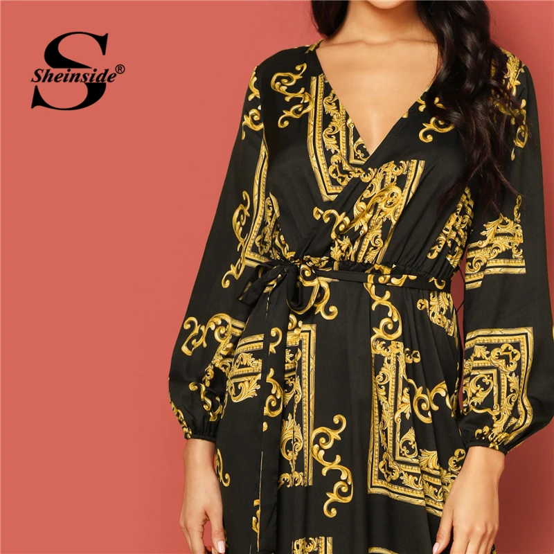 Sheinside, Платье макси с принтом, с поясом, женское, ТРАПЕЦИЕВИДНОЕ, с рукавом Бишопа, летние платья,, глубокий v-образный вырез, элегантное женское платье