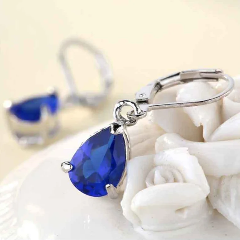 blue silver color Роскошные Кристальные Висячие серьги для женщин, элегантные, 4 цвета, AAA+ CZ, белое золото, модные ювелирные изделия для свадьбы, вечерние, KBE447 - Окраска металла: blue silver color