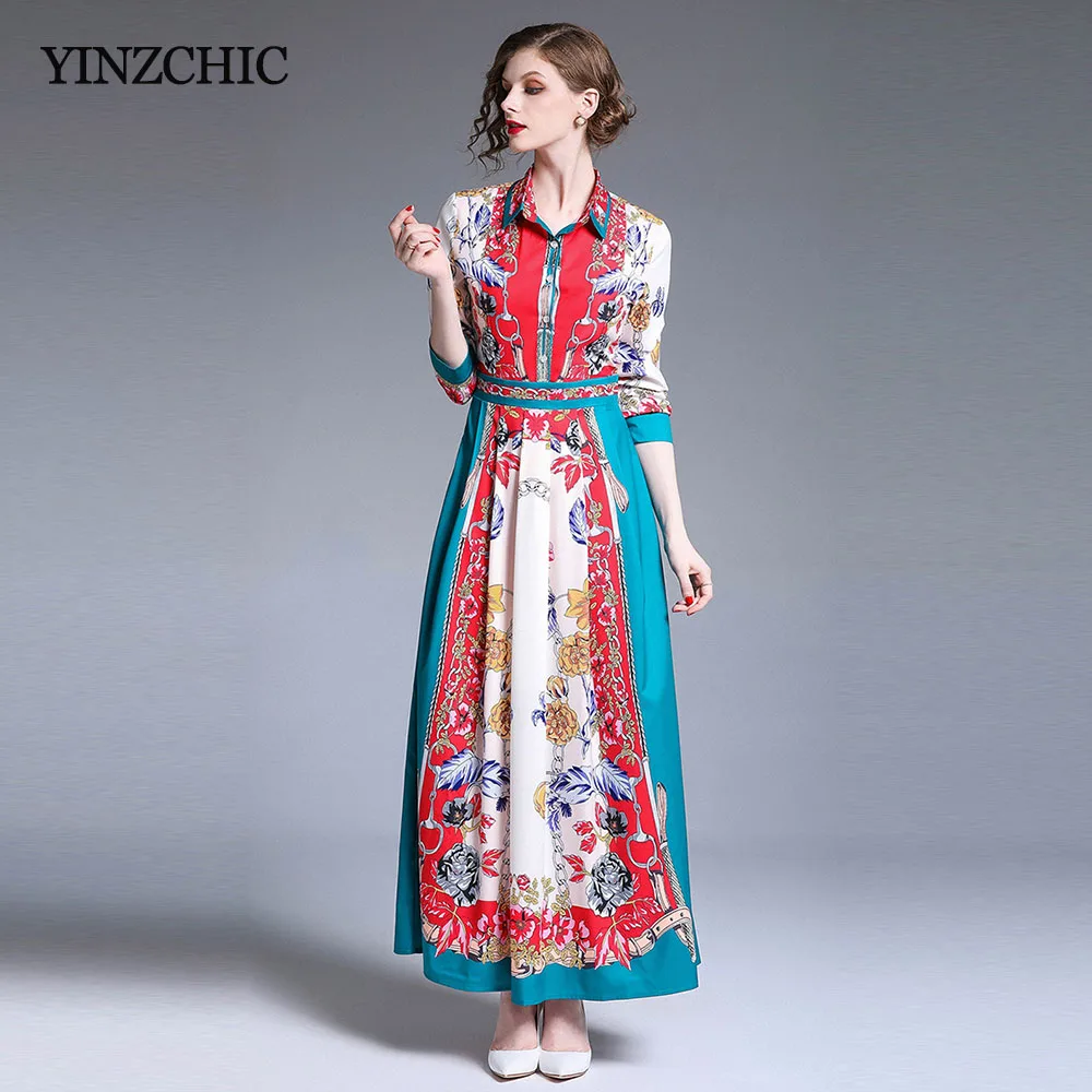 Подиумная Женская печатная Макси платье весеннее Новое OL элегантное вечернее