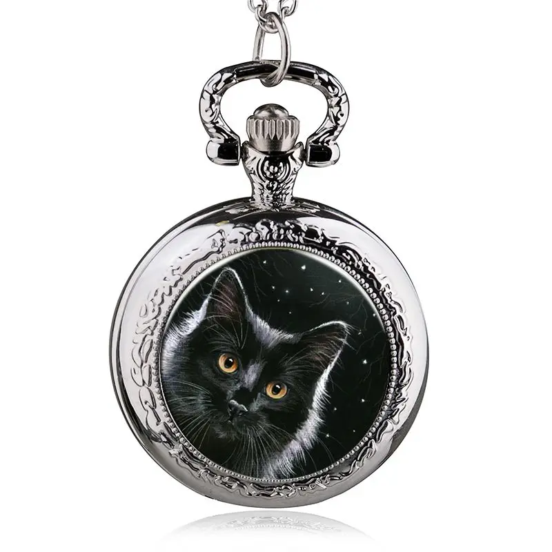 

Часы карманные кварцевые, с изображением кошки, симпатичное ожерелье с подвеской