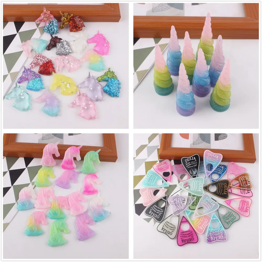 

5pcs/lot flat back resin cabochons kawaii resin unicorn mix colors with glitter