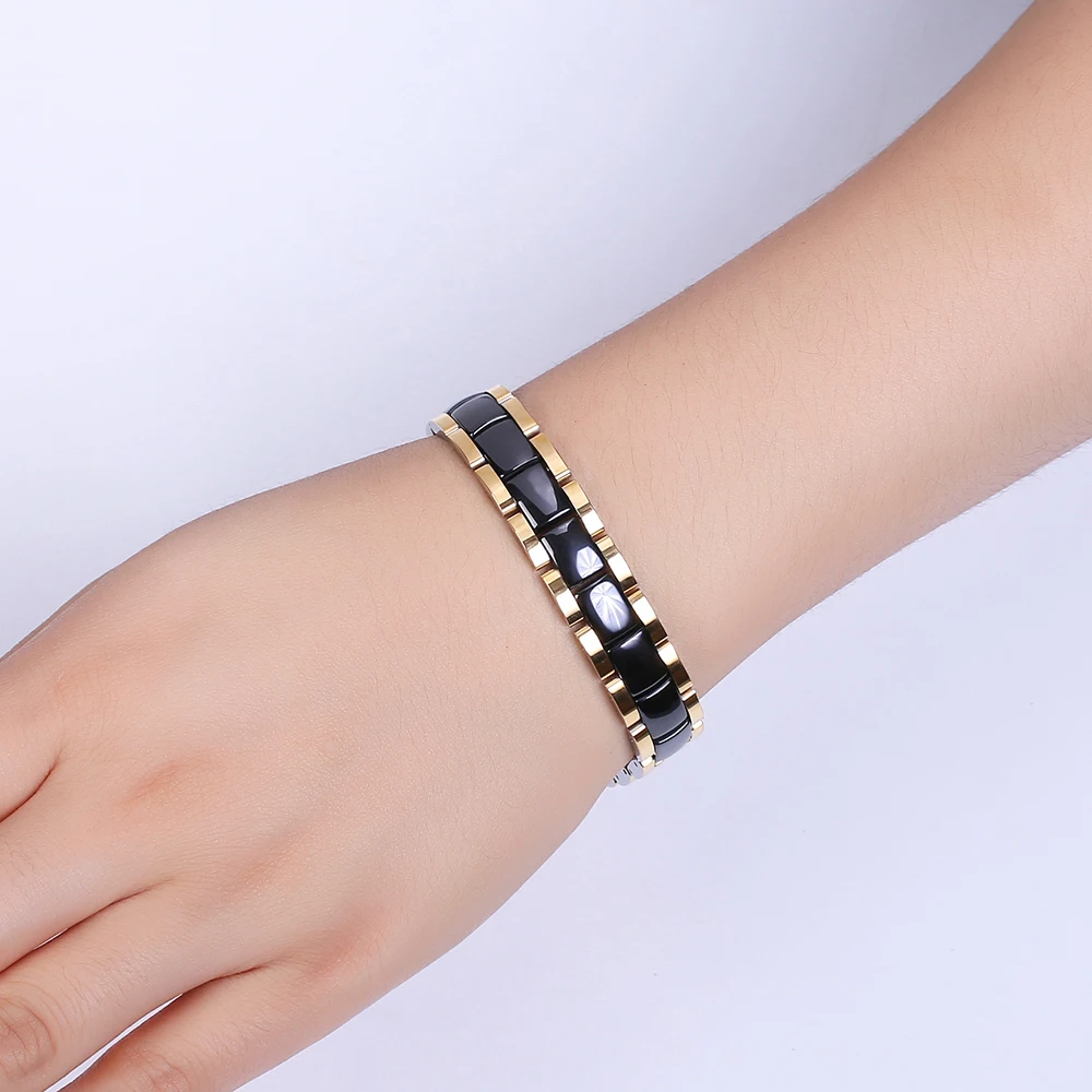 

Luxury Smooth Stainless Steel Ceramic Bangle Bracelets Inlaid Germanium Health Element Black Ceramic Wrist Band Bracelet For Men