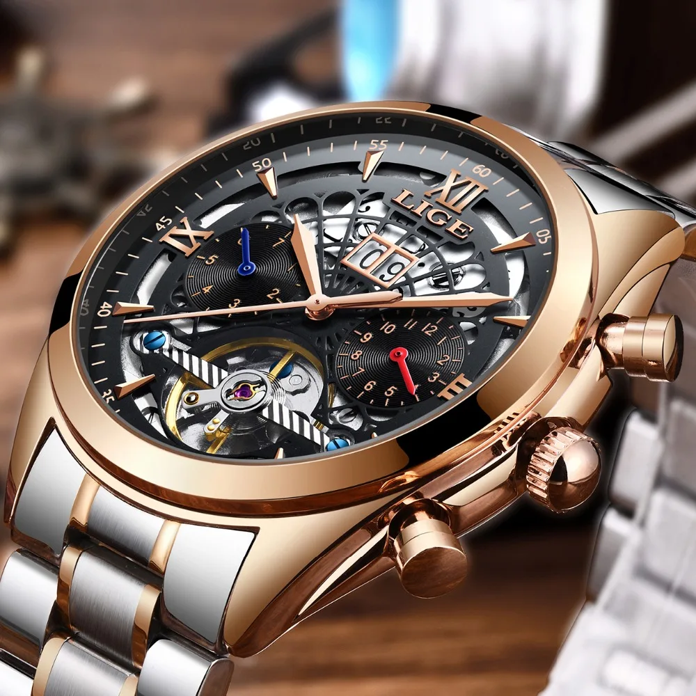 Роскошные Брендовые мужские часы LIGE, Классические Механические часы розового золота, водонепроницаемые часы из нержавеющей стали + коробка, 2019