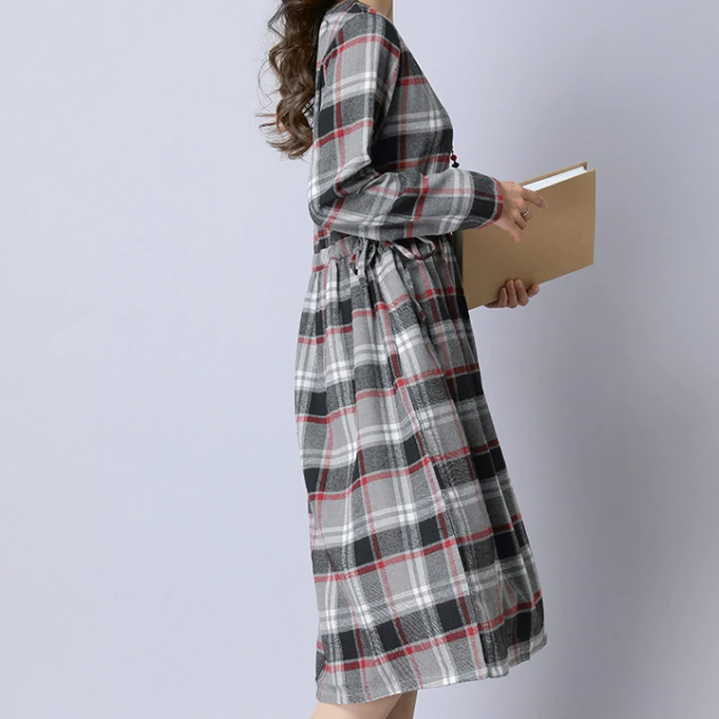 Streetwear Plaid Women Dress 2018 Autumn Fashion Loose Casual O Neck Long Sleeve High Elastic Waist Midi | Женская одежда