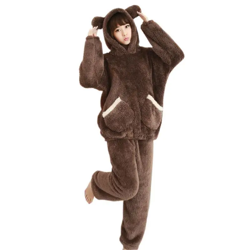 

Kigurumi Onesies Cosplay bear Winter Thickening Coral Pajamas Woman Lovely Student Down Cartoon Home Furnishing Serve Suit