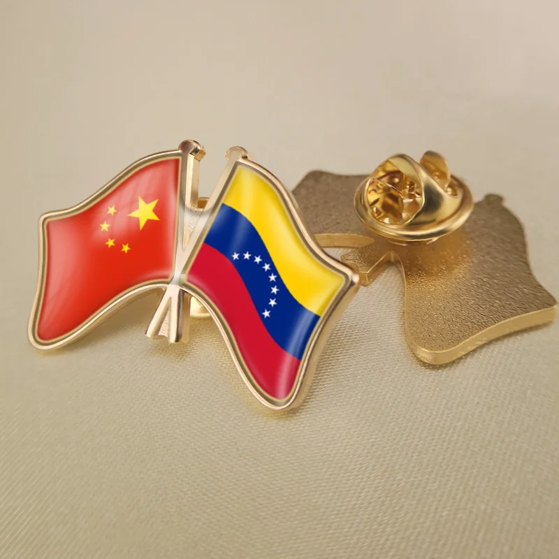 

China and Venezuela Crossed Double Friendship Flags Lapel Pins Brooch Badges