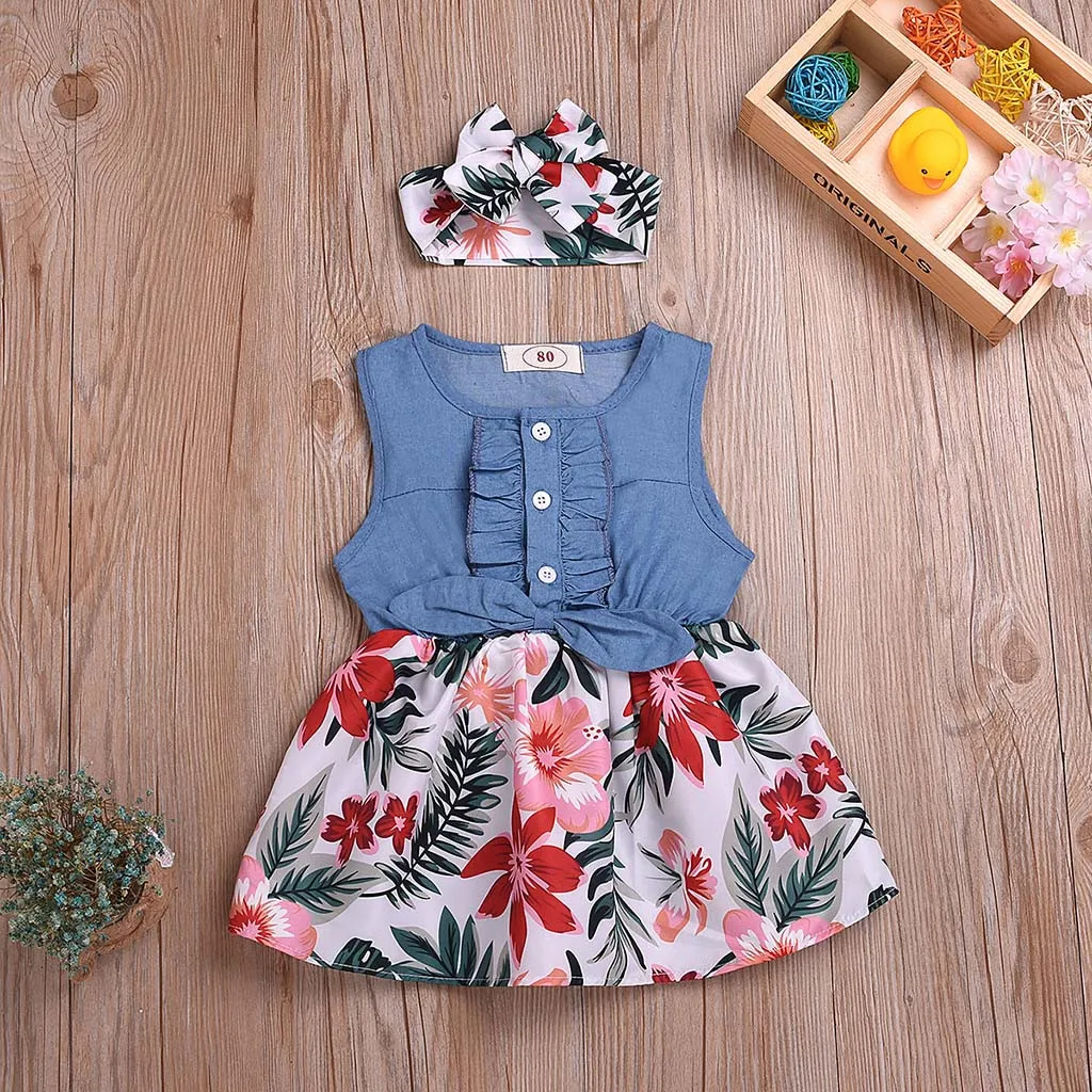 Solid Button Denim Dress Baby Girls Sleeveless Bow Flower Leaf Print Dress+Headband Outfits Princess Clothing M0507 | Детская одежда и
