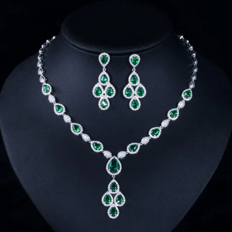 green CWWZircons элегантное белое золото цвет зеленый капли воды кубического циркония кристалл большое свадебное ожерелье серьги набор для невест T285 - Окраска металла: green