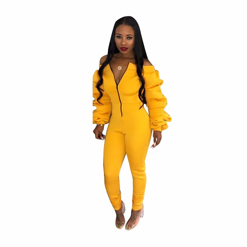 2019 New Women Casual Jumpsuit Zipper Front Slash Neck Off Shoulder Long Puff Sleeve Thick Romper Fashion Overalls Female Jumper | Женская