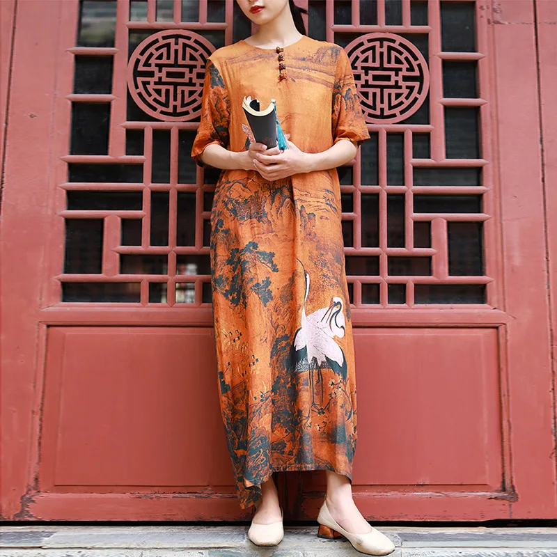 Hisenky 2019 Summer Chinese Style Dress Retro Ink Crane Printing Cotton Linen Women Dresses Slim Elegant Long Vestidos | Женская одежда